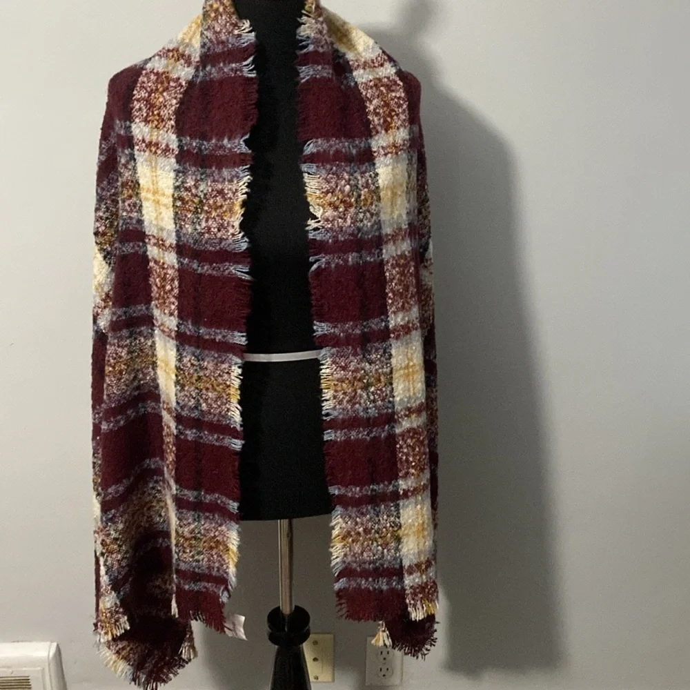 Blanket Scarf Red Wine Cream Denim Blue & Yellow NWT